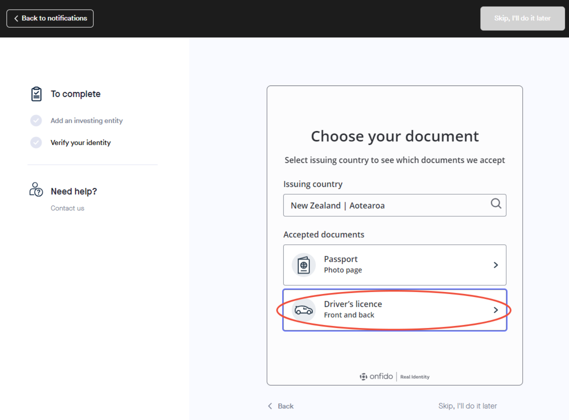 How to create a new investing entity 10 Verify identity doc select Box