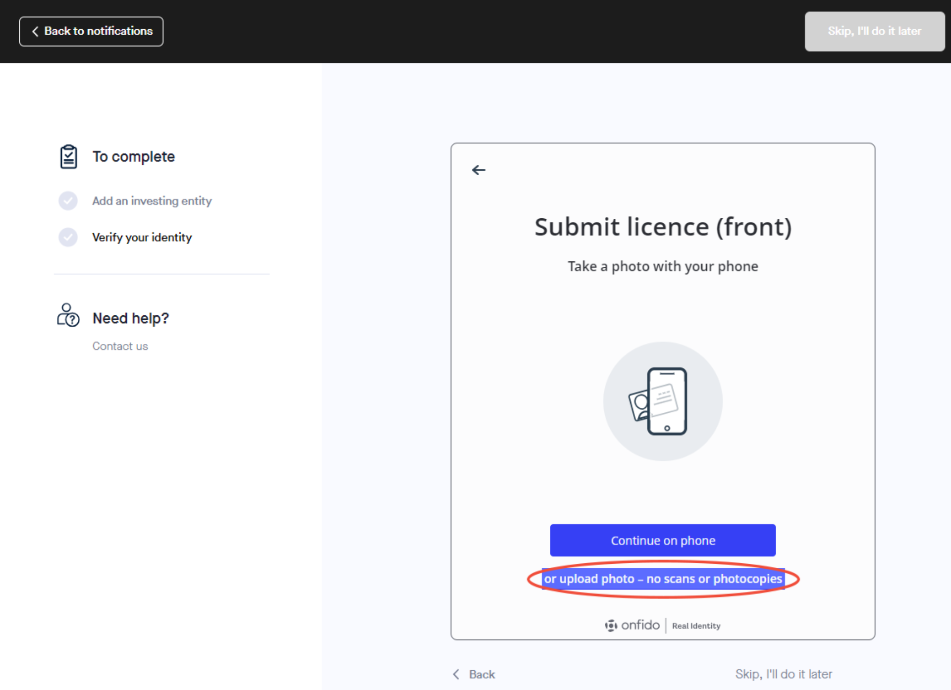 How to create a new investing entity 13 Verify identity computer example Box