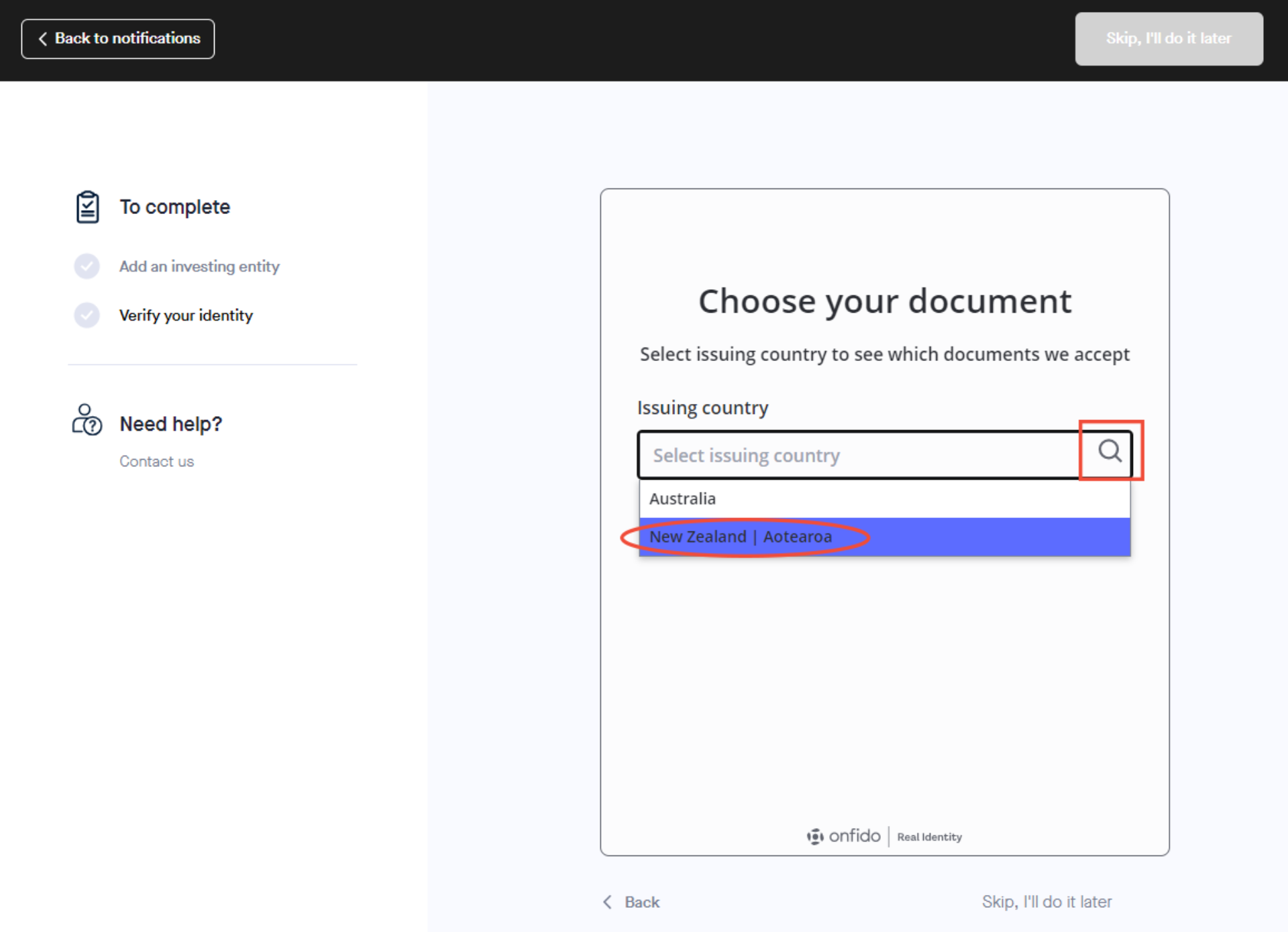 How to create a new investing entity 9 Verify identity issuing country select Boxes